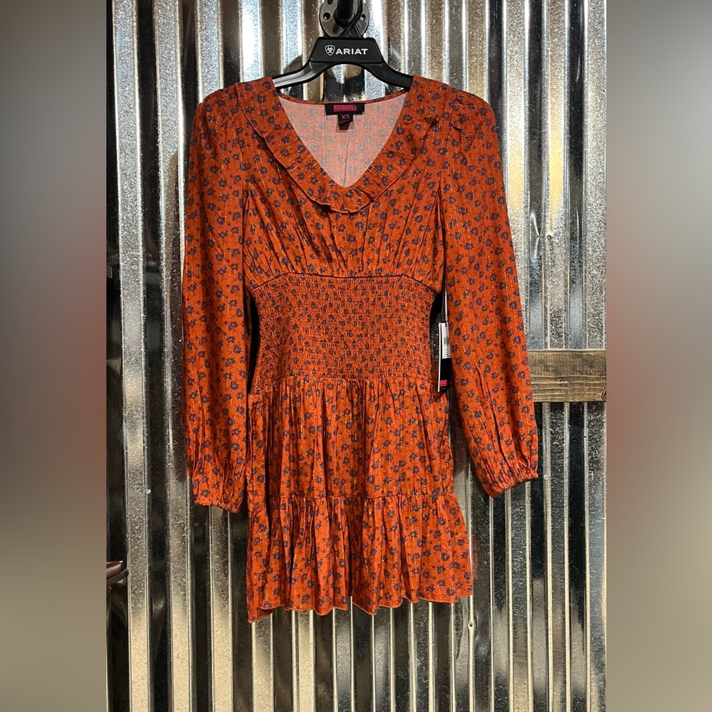 Rock & Roll Cowgirl Orange Floral Long Sleeve Dress